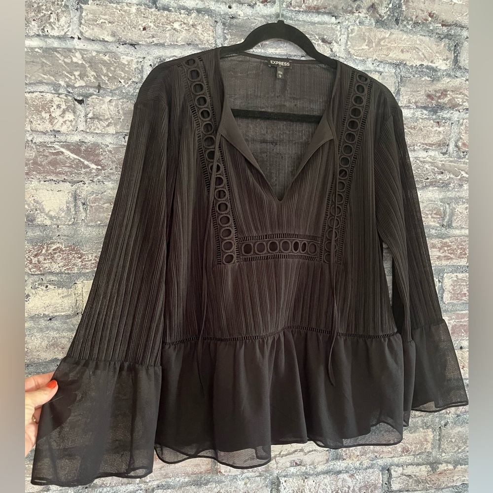 Express Black Sheer Pleated Peasant Blouse
